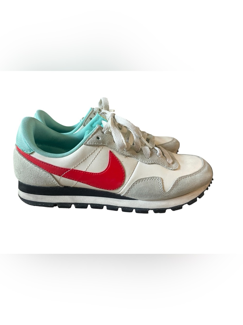 Nike White Sneakers with Red Swoosh and Teal Lining